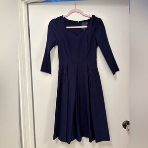 Navy blue ModCloth fit & flare dress with 3/4 sleeves a line vintage feel S
